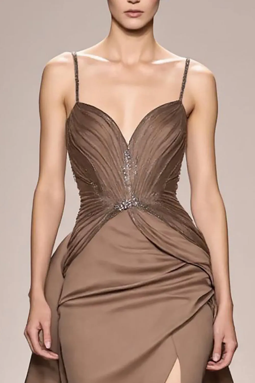 Coffee Satin Ruched A Line Long Evening Dress With Slit sold by Zapaka product image thumbnail 3