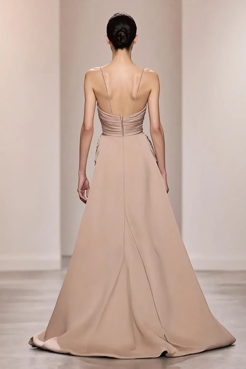 Champagne Satin Backless Ruched Long Evening Dress With Slit sold by Zapaka product image thumbnail 2