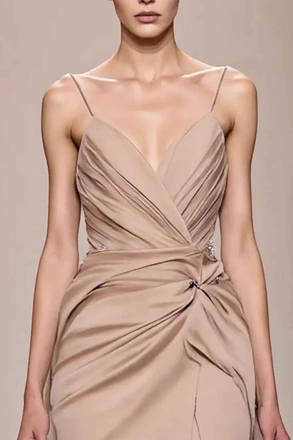 Champagne Satin Backless Ruched Long Evening Dress With Slit sold by Zapaka product image thumbnail 3