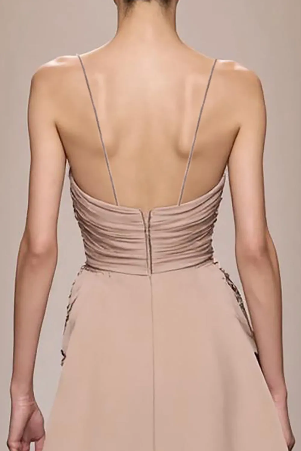 Champagne Satin Backless Ruched Long Evening Dress With Slit sold by Zapaka product image thumbnail 4