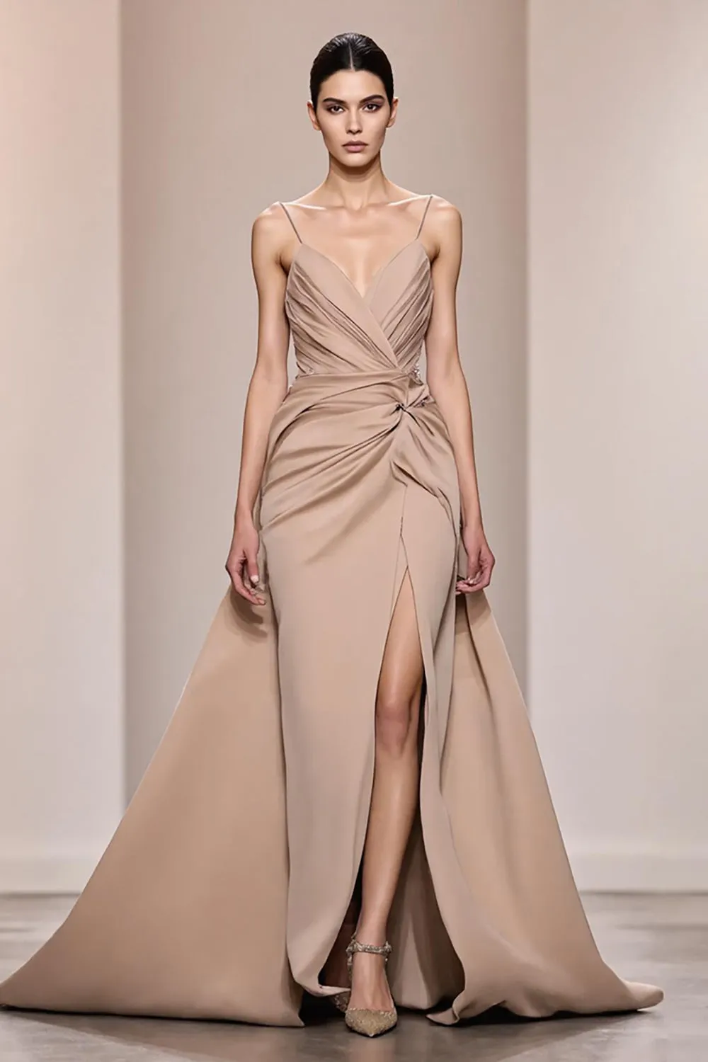 Champagne Satin Backless Ruched Long Evening Dress With Slit sold by Zapaka