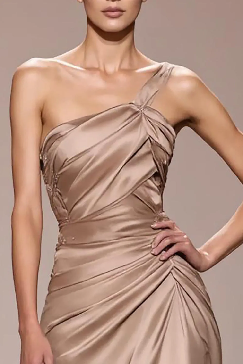 Champagne Satin Ruched Long Evening Dress sold by Zapaka product image thumbnail 3