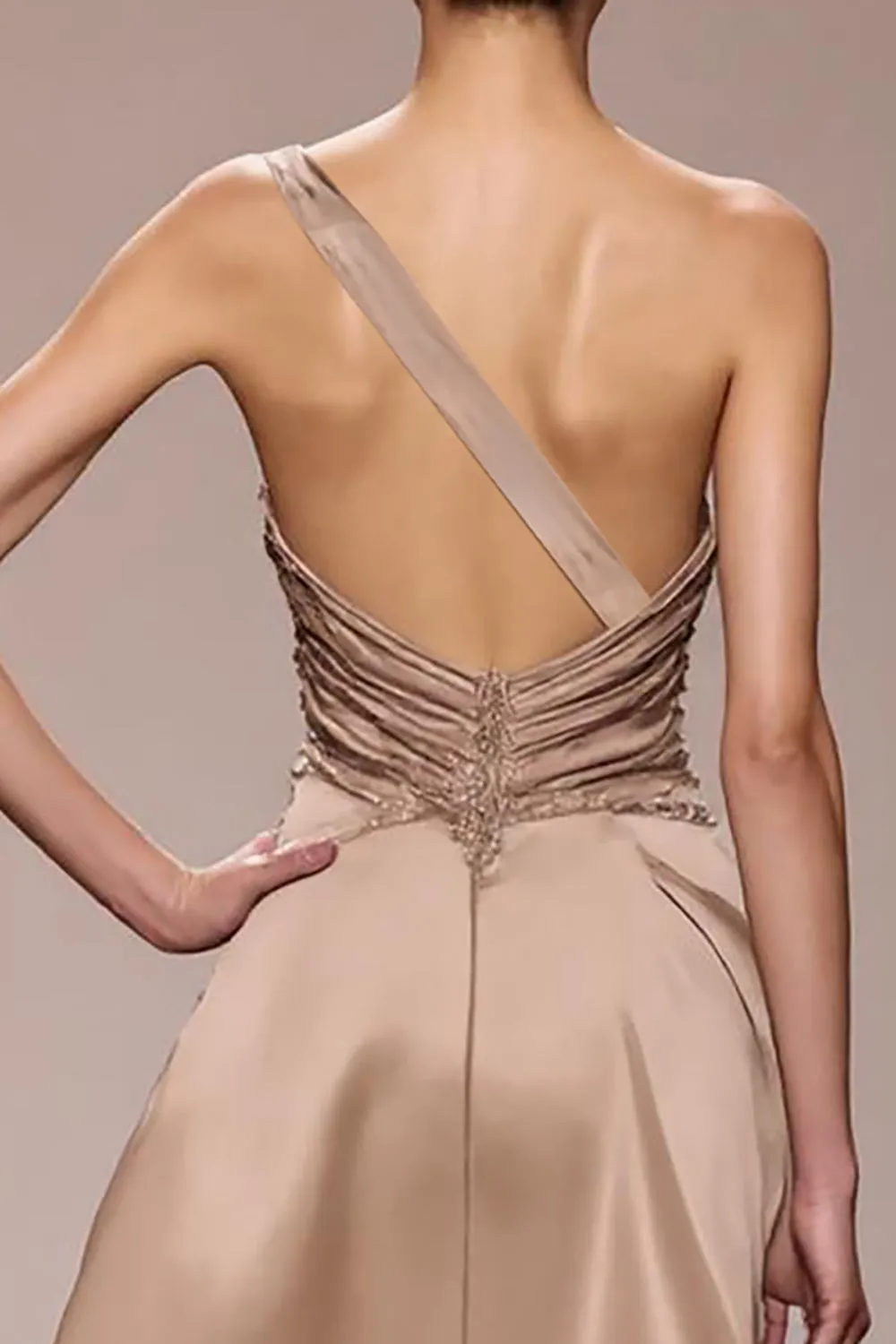 Champagne Satin Ruched Long Evening Dress sold by Zapaka product image thumbnail 4