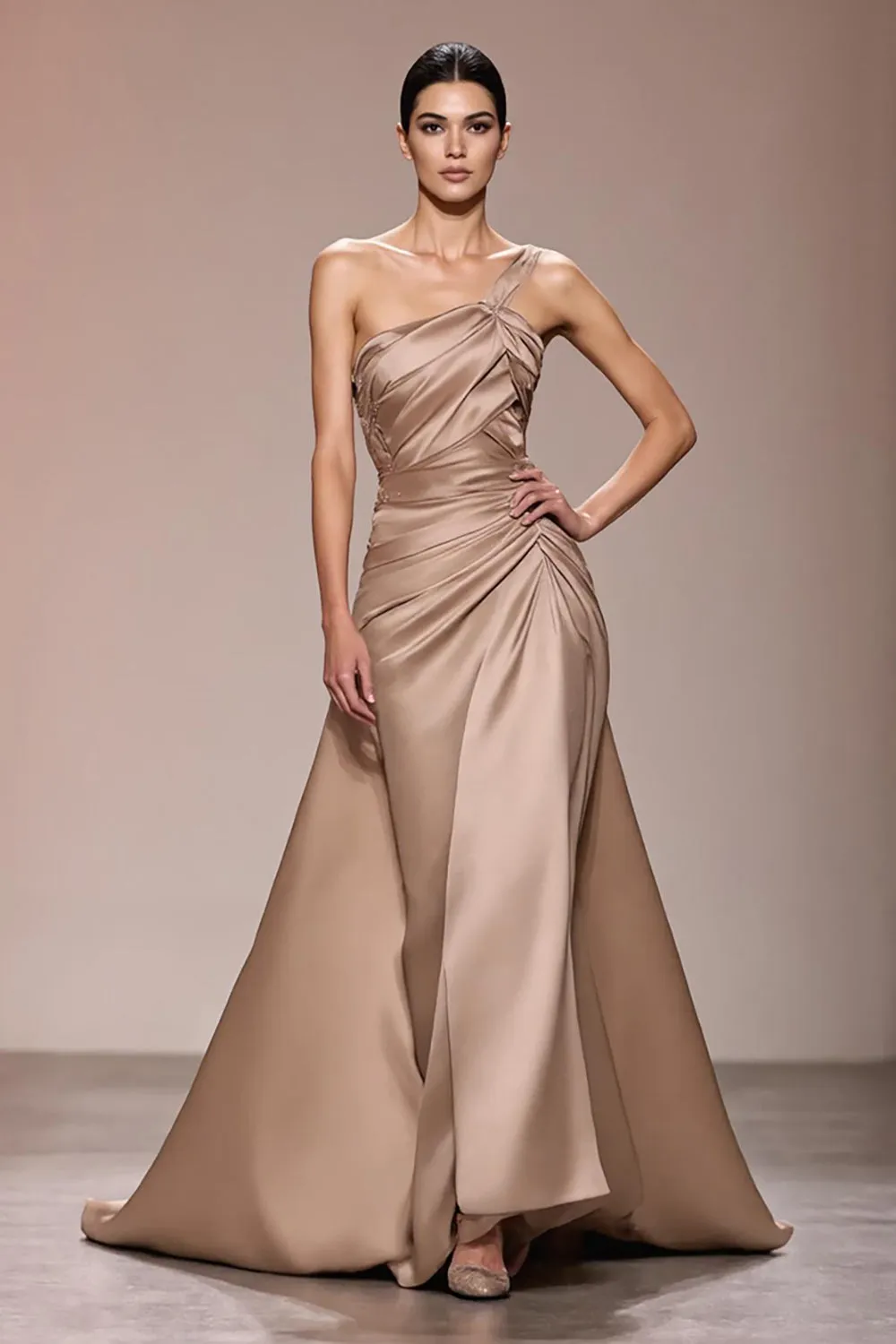 Champagne Satin Ruched Long Evening Dress sold by Zapaka