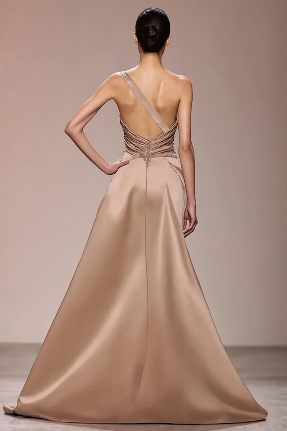 Champagne Satin Ruched Long Evening Dress sold by Zapaka product image thumbnail 2