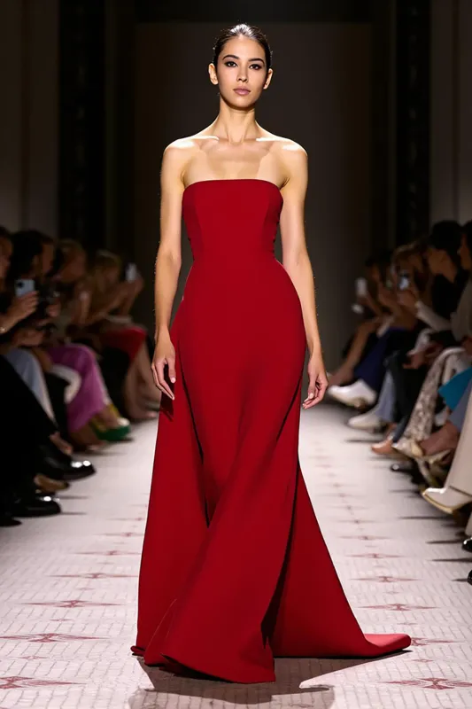 Red Satin A Line Strapless Long Evening Dress sold by Zapaka