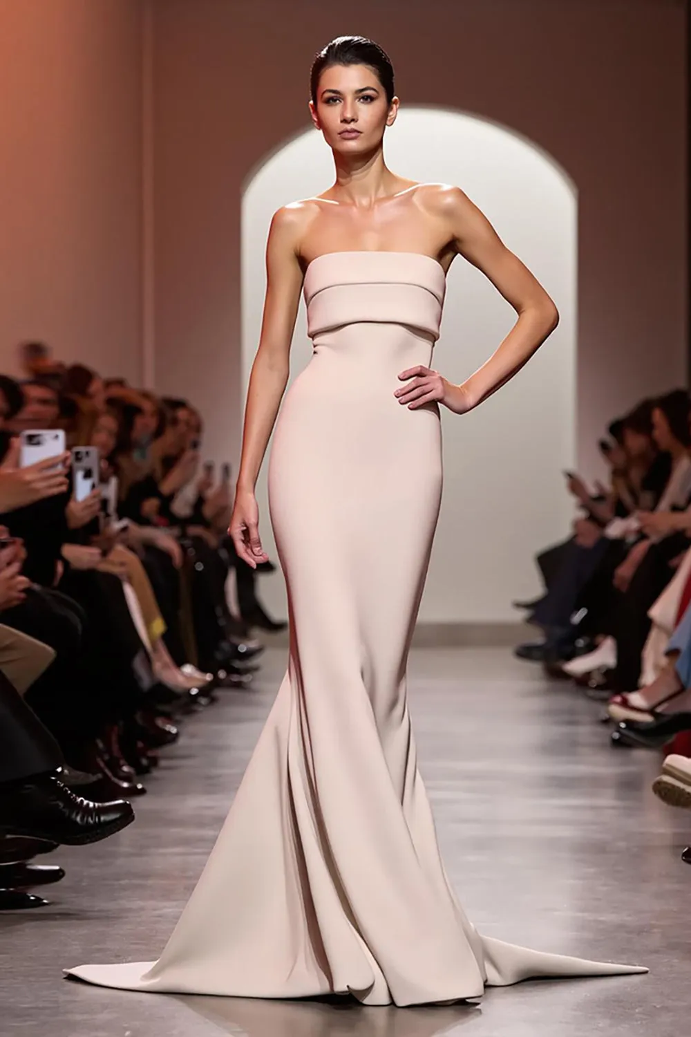 Champagne Mermaid Satin Strapless Long Evening Dress sold by Zapaka