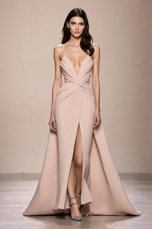 Champagne Satin A Line Ruched Evening Dress With Slit sold by Zapaka