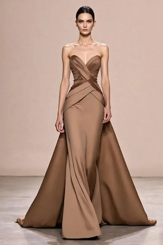 Coffee A Line Satin Strapless Evening Dress sold by Zapaka