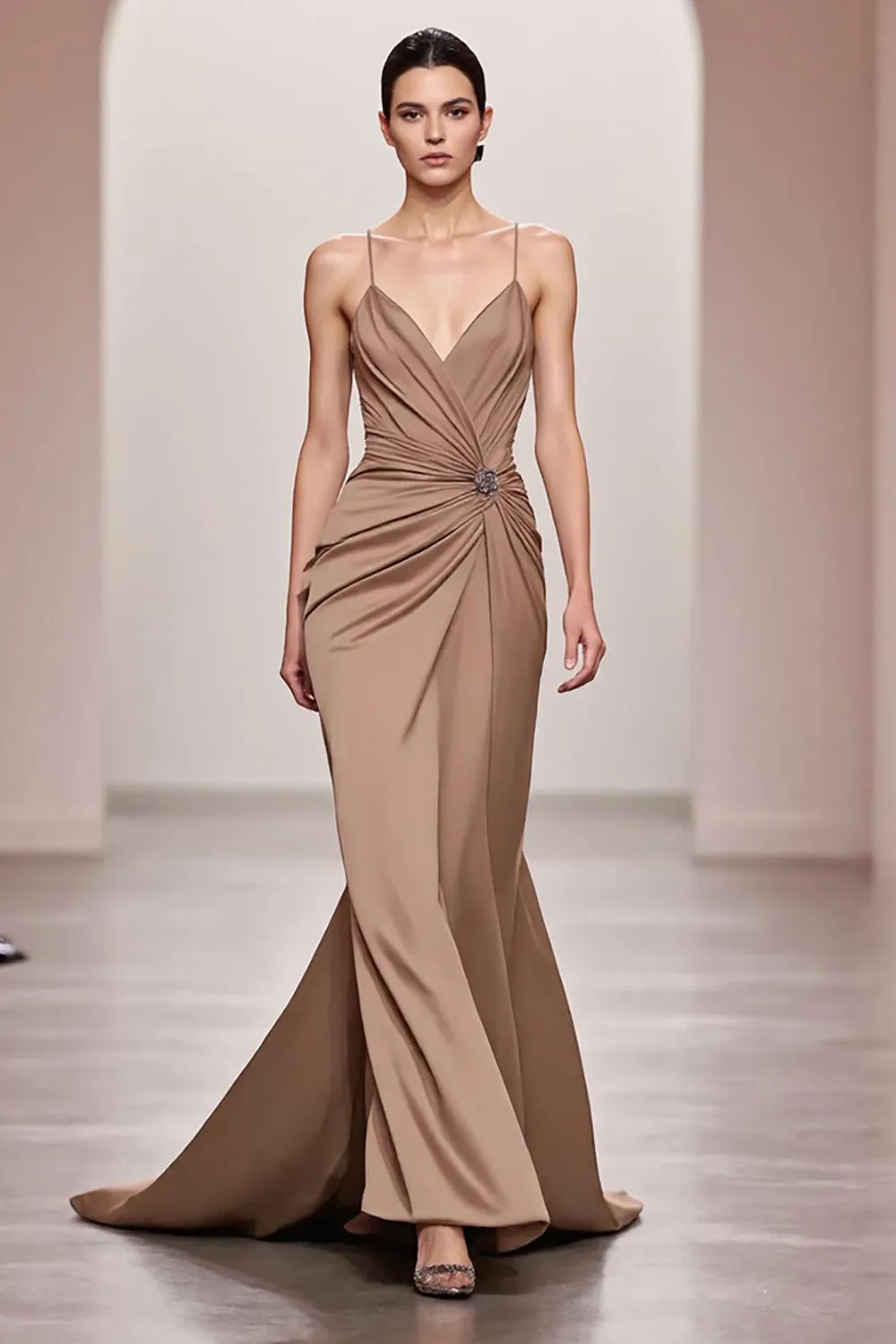 Coffee Satin Mermaid Spaghetti Straps Long Evening Dress sold by Zapaka