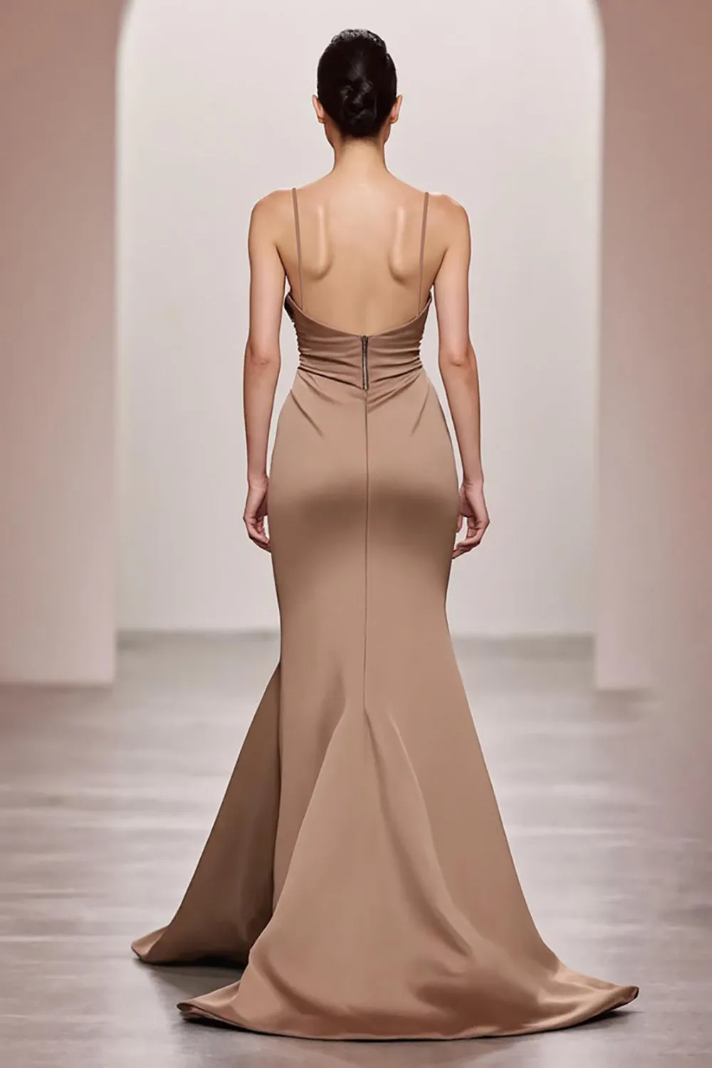 Coffee Satin Mermaid Spaghetti Straps Long Evening Dress sold by Zapaka product image thumbnail 2