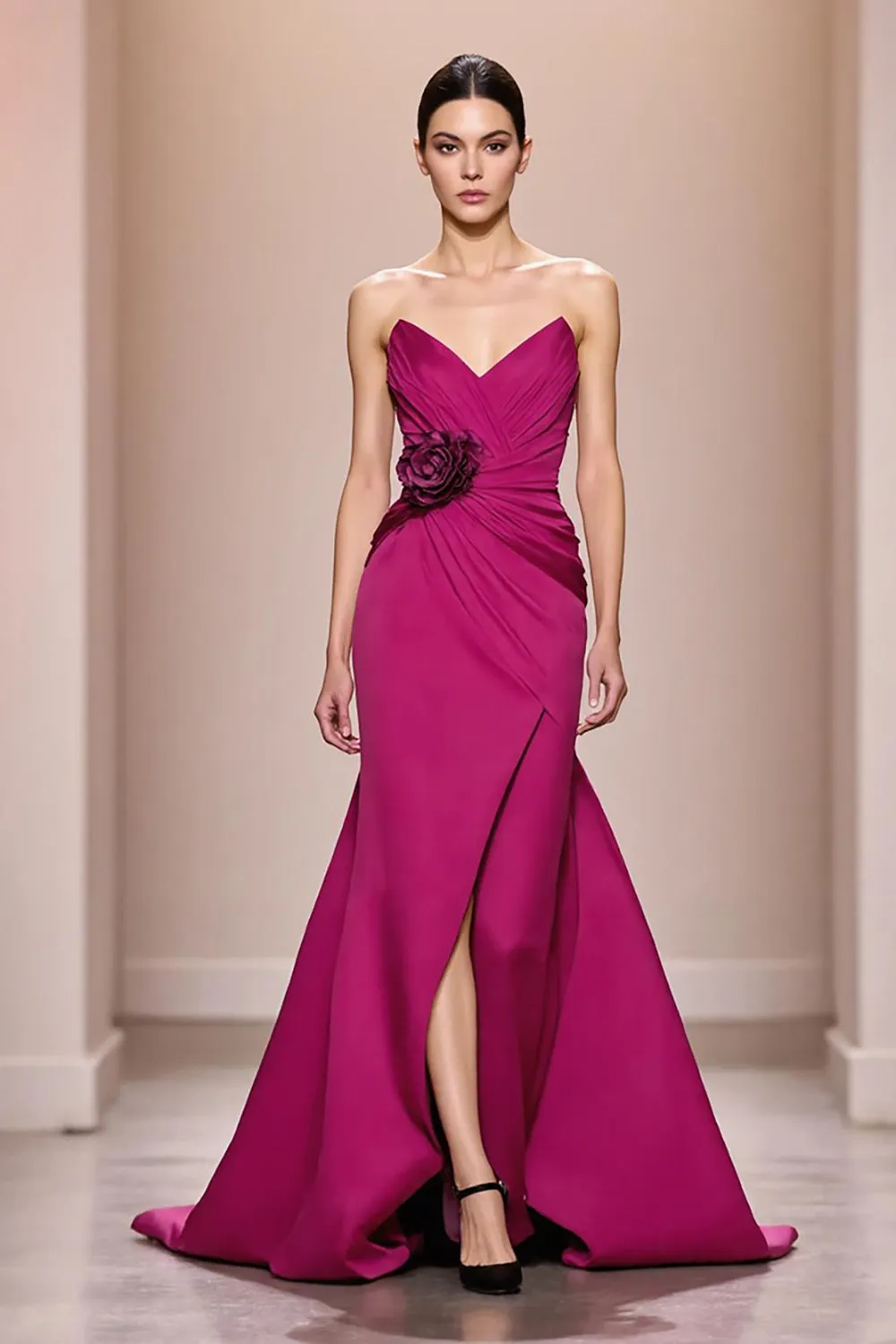 Fuchsia Satin A Line Strapless Long Evening Dress With 3D Flower sold by Zapaka