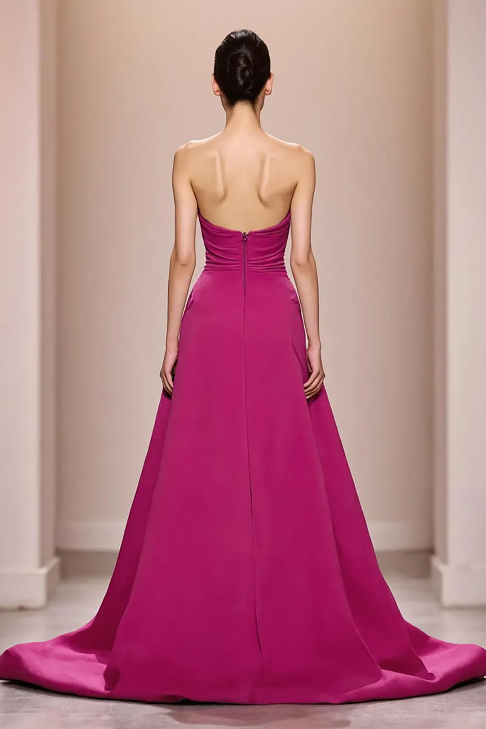 Fuchsia Satin A Line Strapless Long Evening Dress With 3D Flower sold by Zapaka product image thumbnail 2