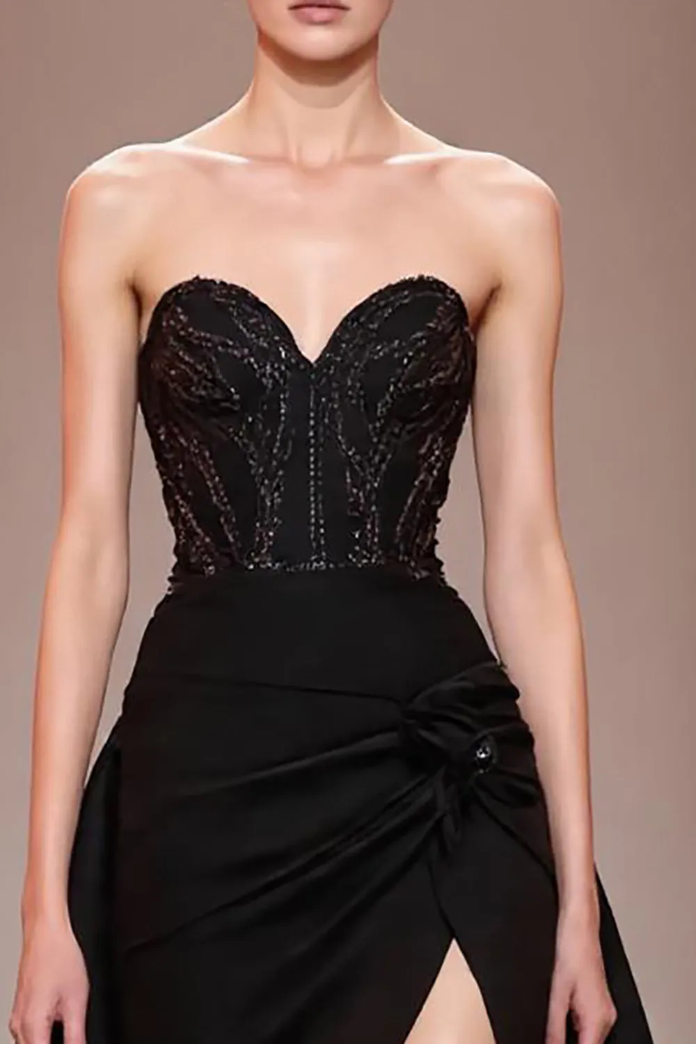 Black A Line Satin Beaded Sweetheart Evening Dress With Slit sold by Zapaka product image thumbnail 3