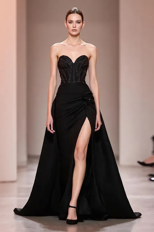 Black A Line Satin Beaded Sweetheart Evening Dress With Slit sold by Zapaka