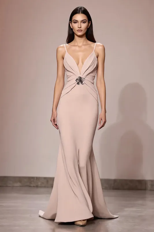 Champagne Satin Ruched Maxi Evening Dress sold by Zapaka
