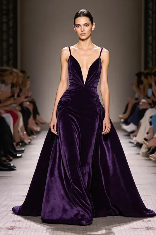 Dark Purple Velvet A Line Deep V-Neck Long Evening Dress sold by Zapaka