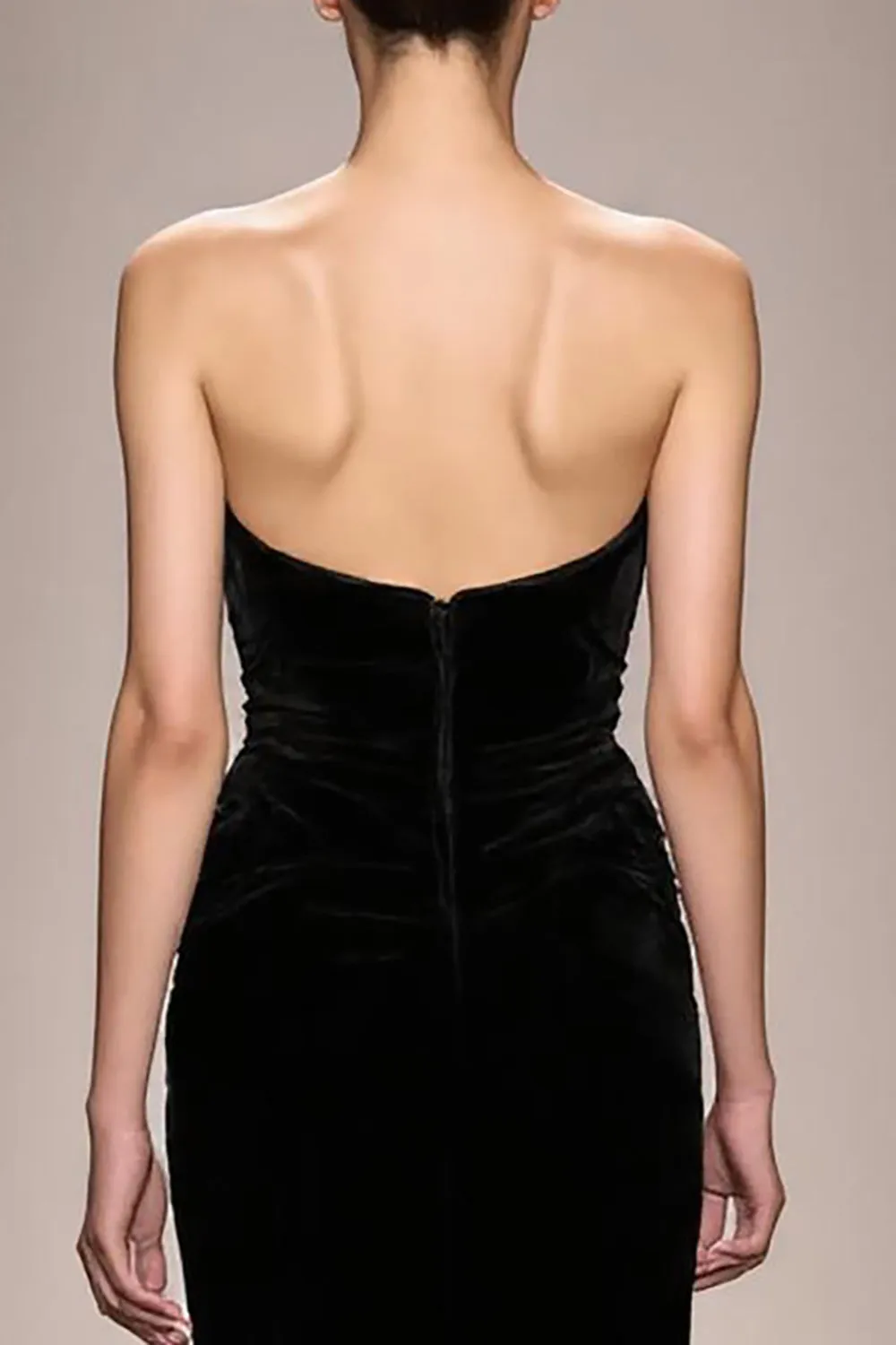 Black Mermaid Velvet Strapless Long Evening Dress sold by Zapaka product image thumbnail 4