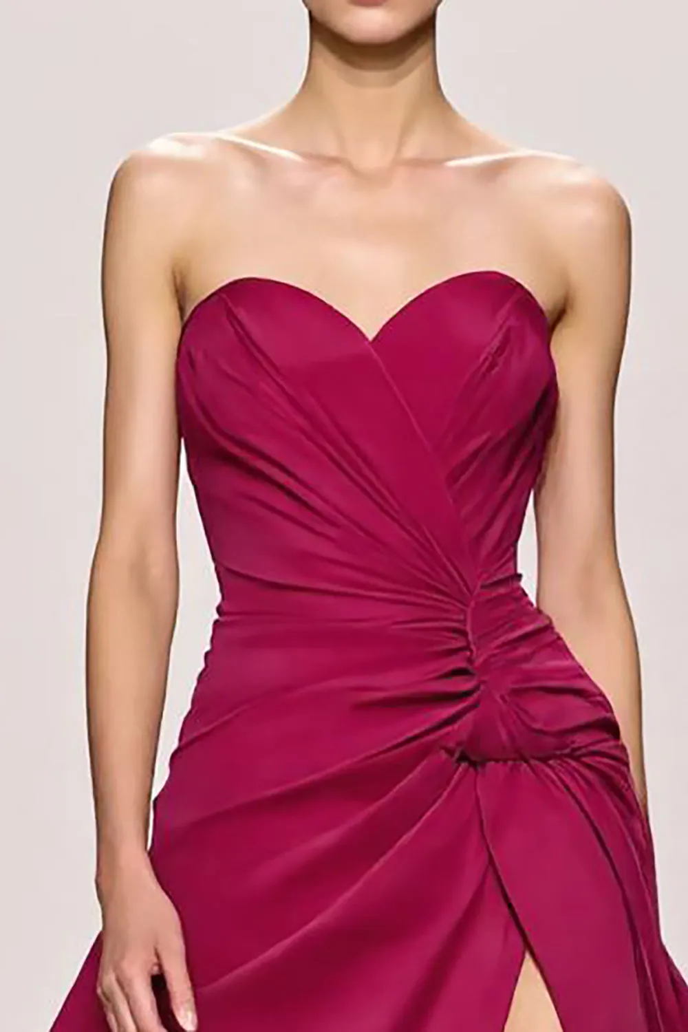 Fuchsia Satin A Line Ruched Strapless Long Evening Dress With Slit sold by Zapaka product image thumbnail 3
