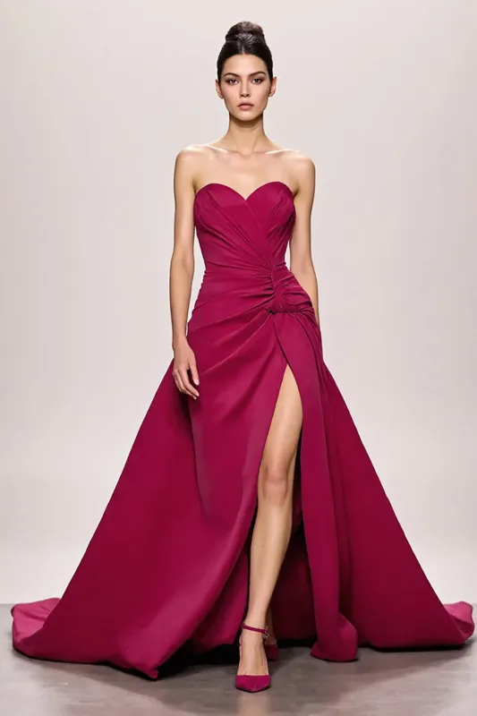 Fuchsia Satin A Line Ruched Strapless Long Evening Dress With Slit sold by Zapaka