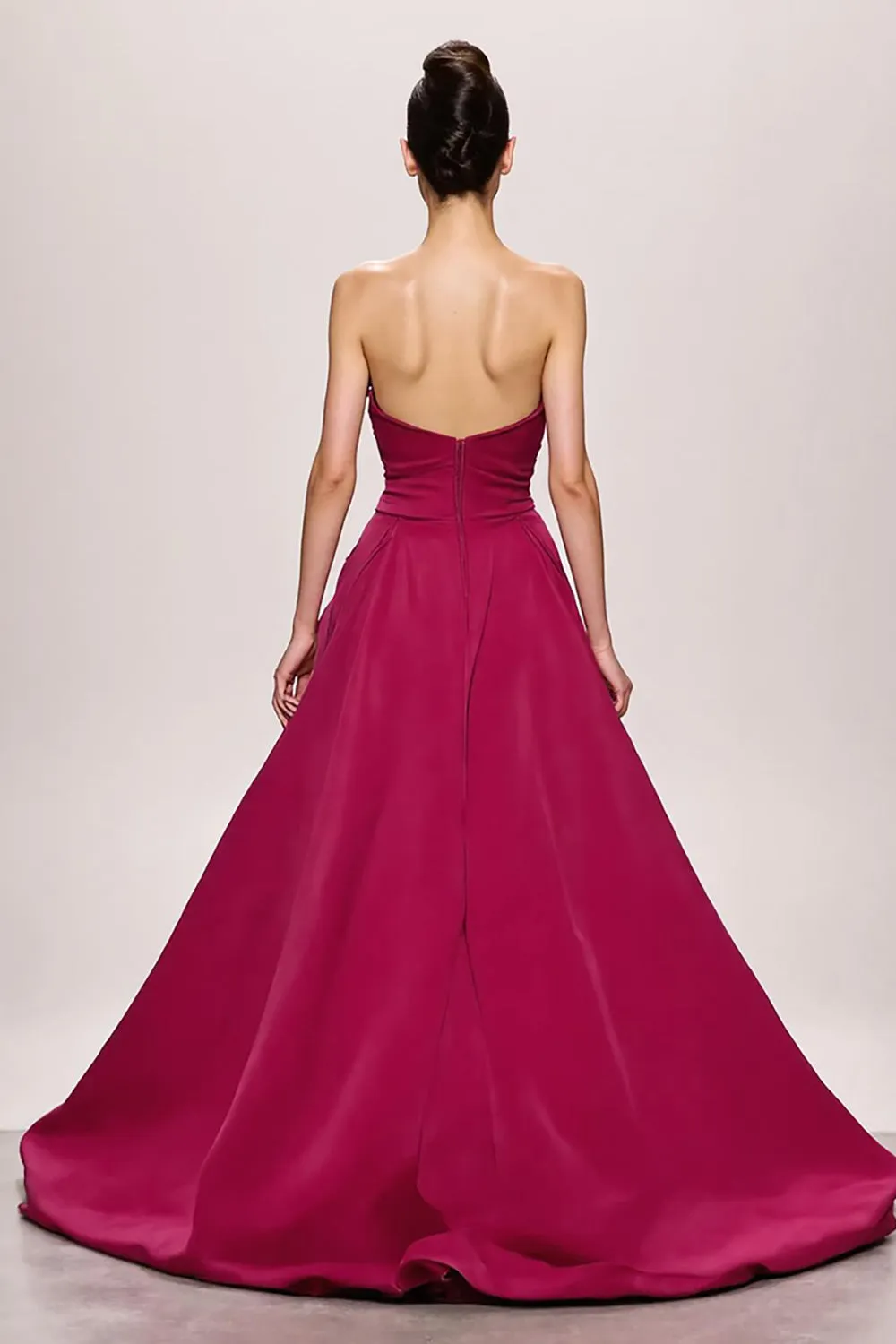 Fuchsia Satin A Line Ruched Strapless Long Evening Dress With Slit sold by Zapaka product image thumbnail 2