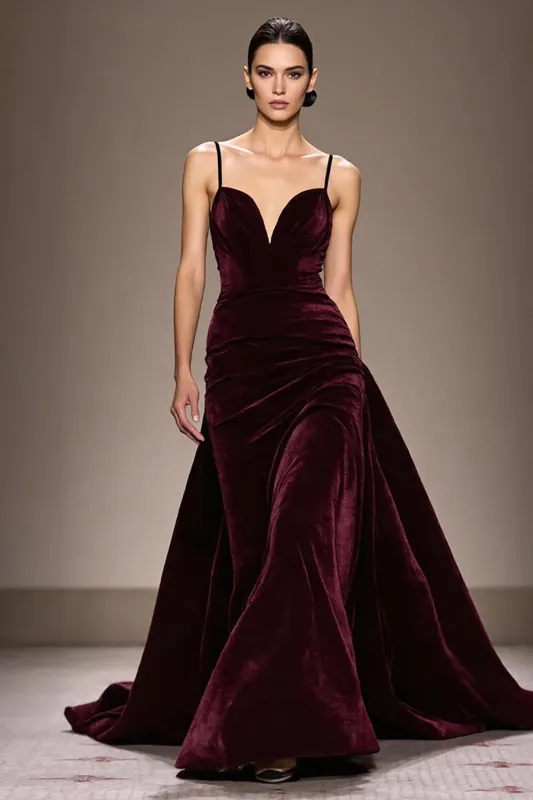 Burgundy Velvet A Line Spaghetti Straps Long Evening Dress sold by Zapaka