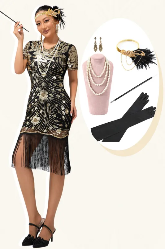 Black Golden Sequin Fringe 1920s Dress with 5-Piece Accessories Set sold by Zapaka