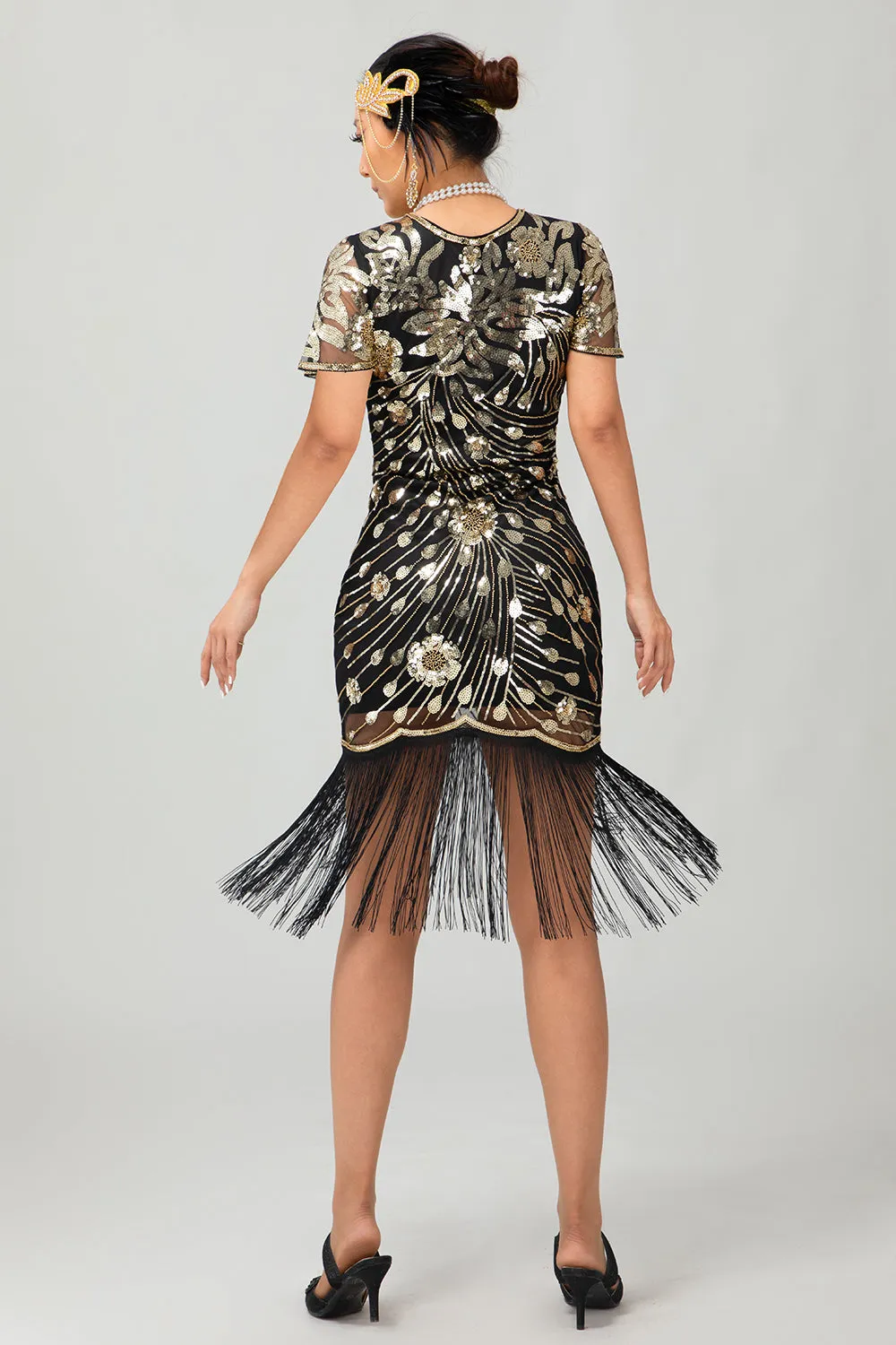 Black Golden Sequin Fringe 1920s Dress with 5-Piece Accessories Set sold by Zapaka product image thumbnail 2
