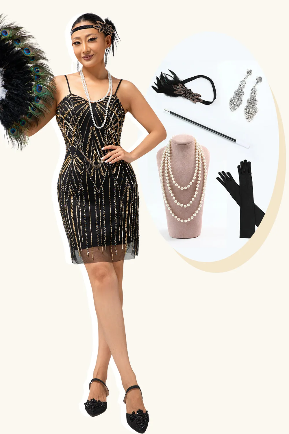 Black Golden Sequins Bodycon 1920s Dress with 5-Piece Accessories Set sold by Zapaka
