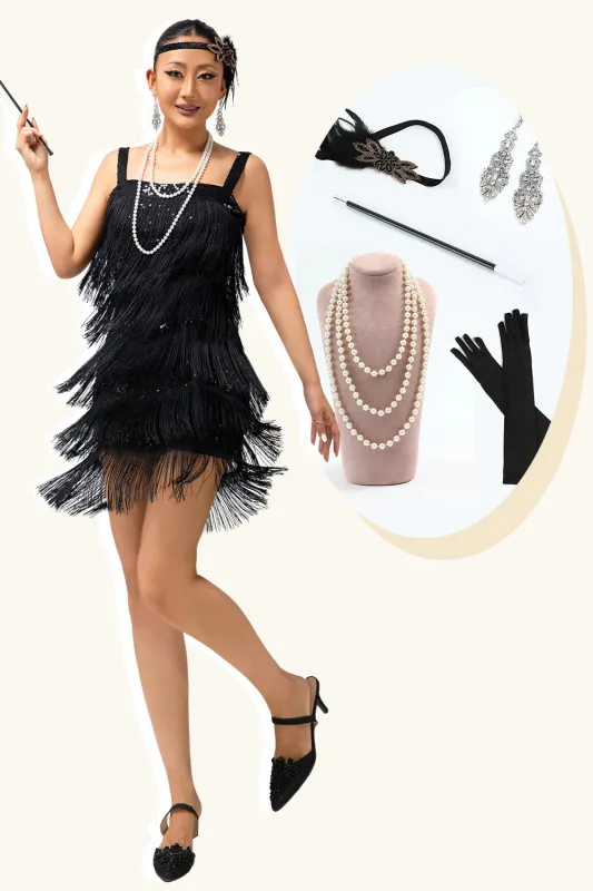 Sparkly Black Fringe Bodycon 1920s Dress with 5-Piece Accessories Set sold by Zapaka