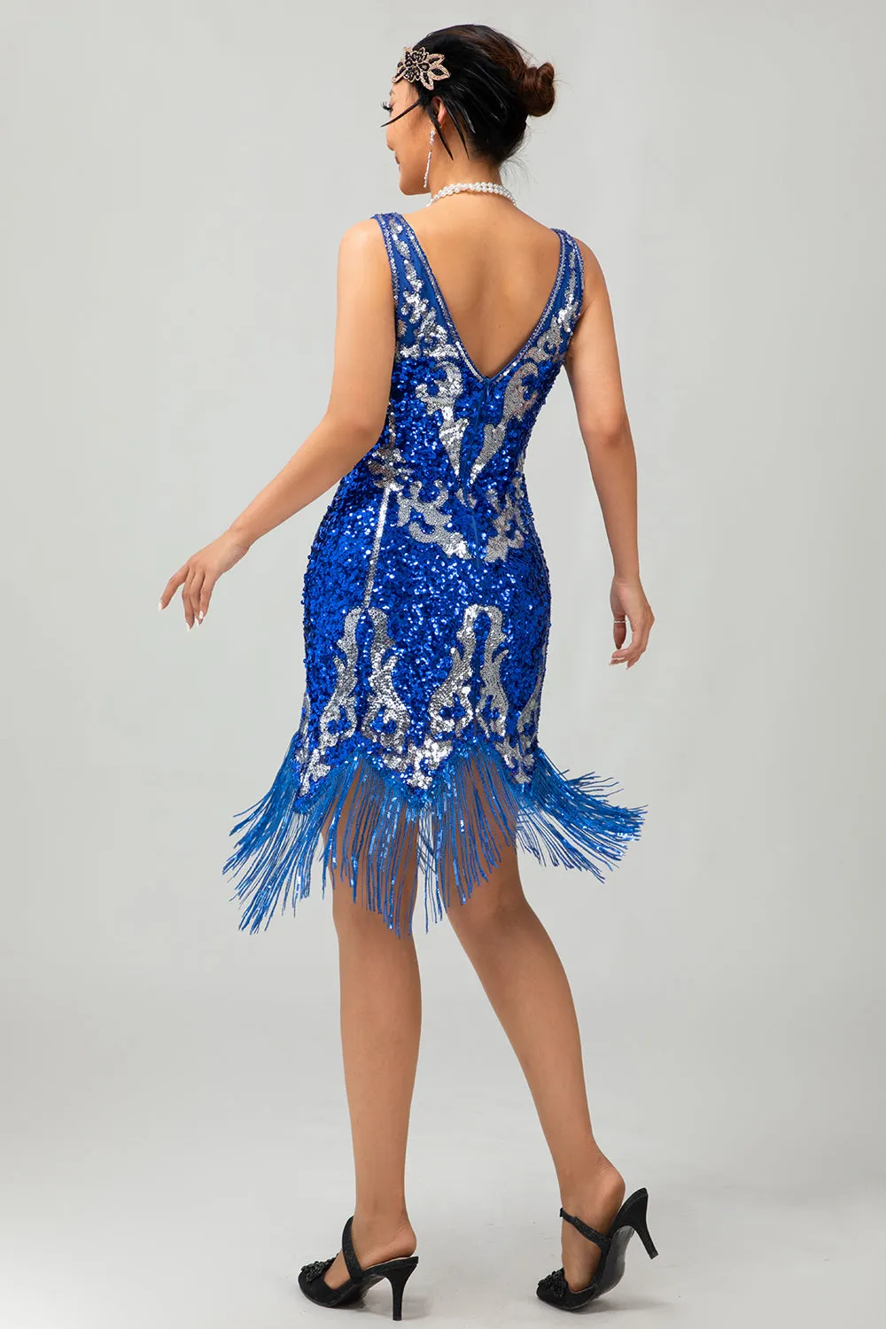 Sparkly Royal Blue Sequins Fringe 1920s Dress with 5-Piece Accessories Set sold by Zapaka product image thumbnail 2