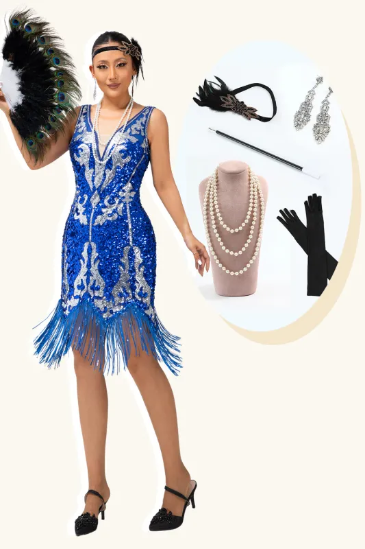 Sparkly Royal Blue Sequins Fringe 1920s Dress with 5-Piece Accessories Set sold by Zapaka