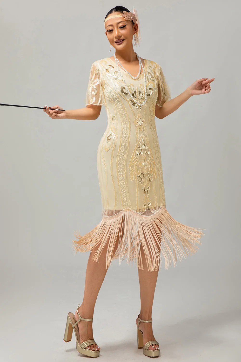 Champagne Appliques Fringe 1920s Dress with 5-Piece Accessories Set sold by Zapaka product image thumbnail 3