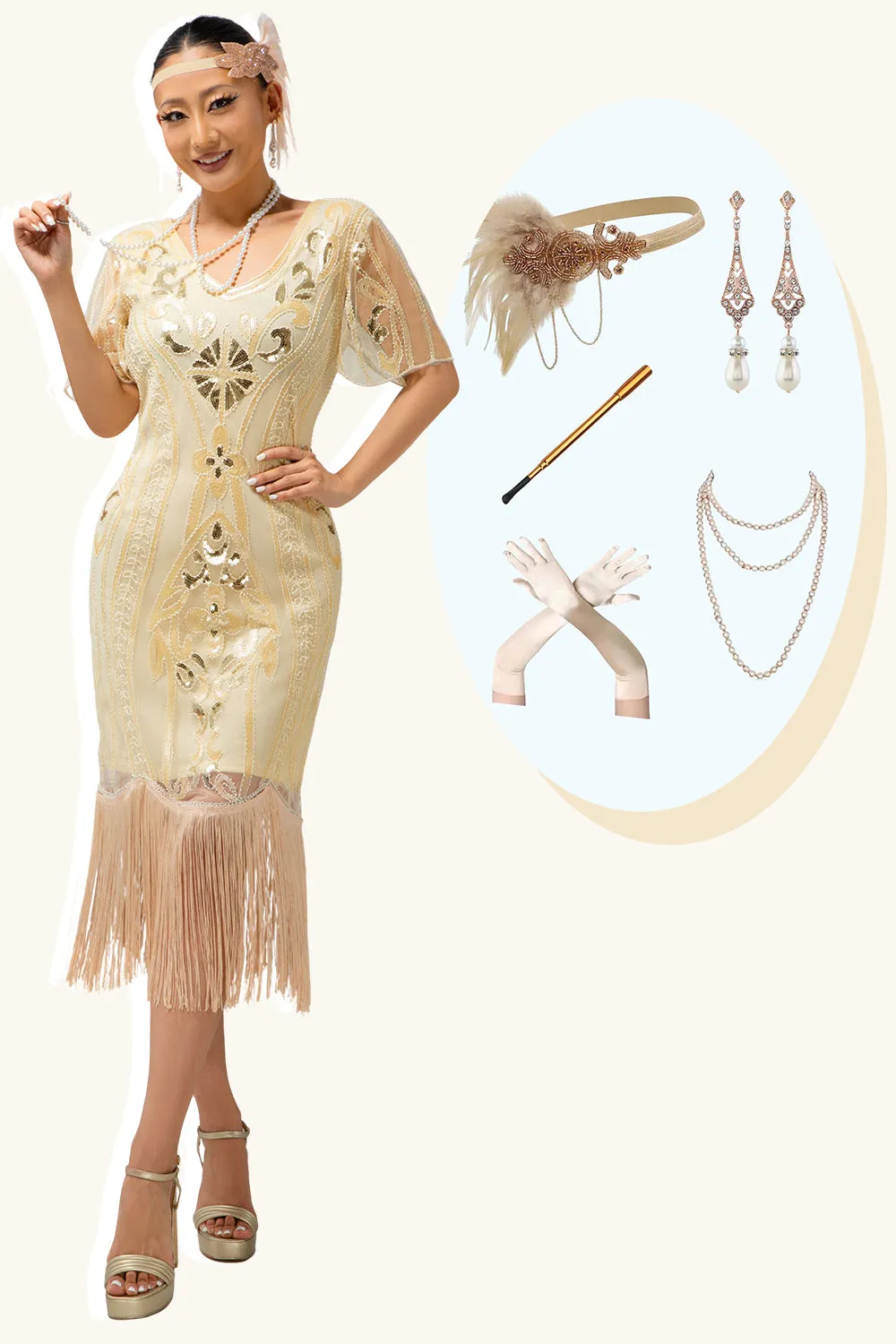 Champagne Appliques Fringe 1920s Dress with 5-Piece Accessories Set sold by Zapaka