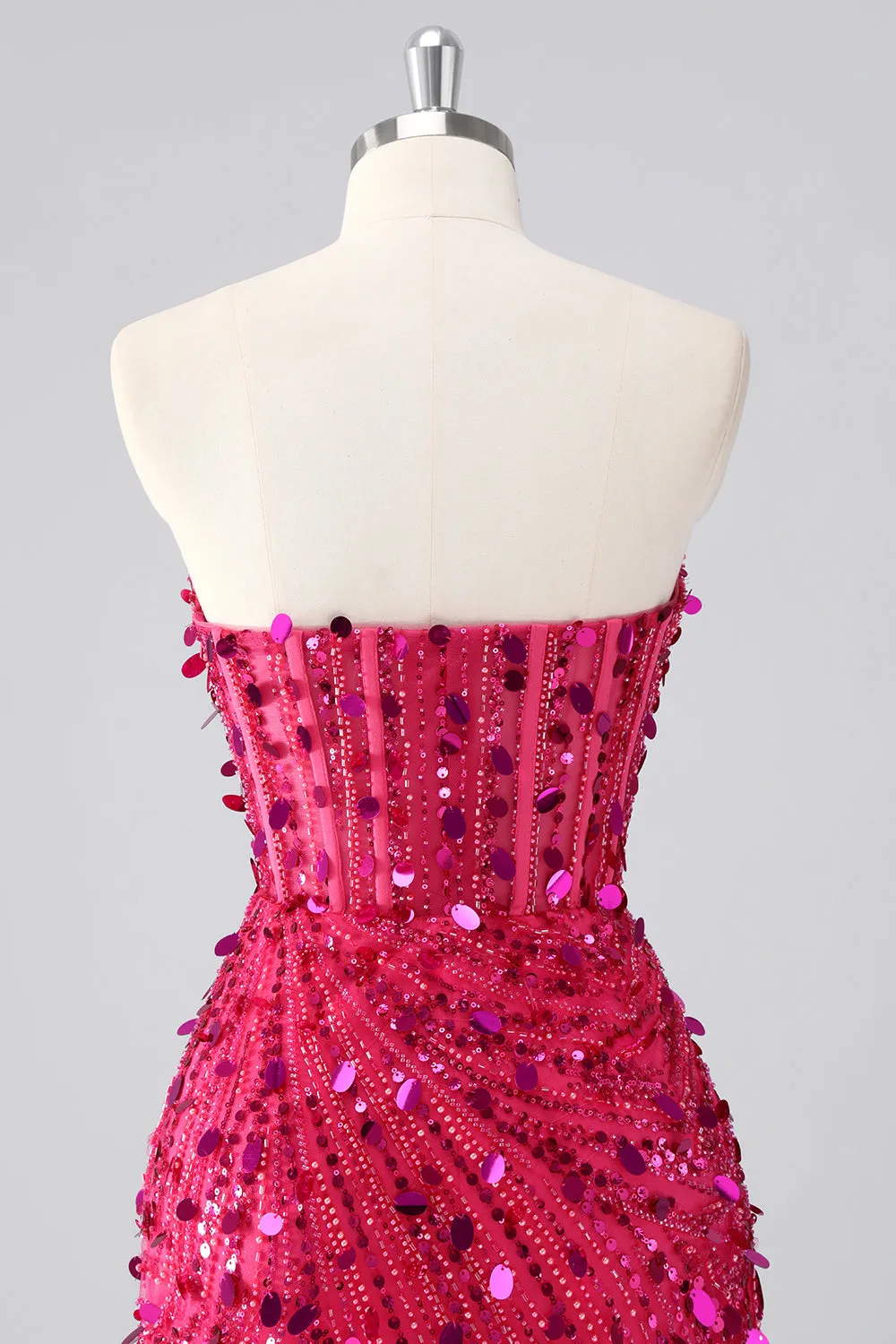 Sparkly Fuchsia Strapless Tight Short Sequins Corset Homecoming Dress with Beading sold by Zapaka product image thumbnail 5