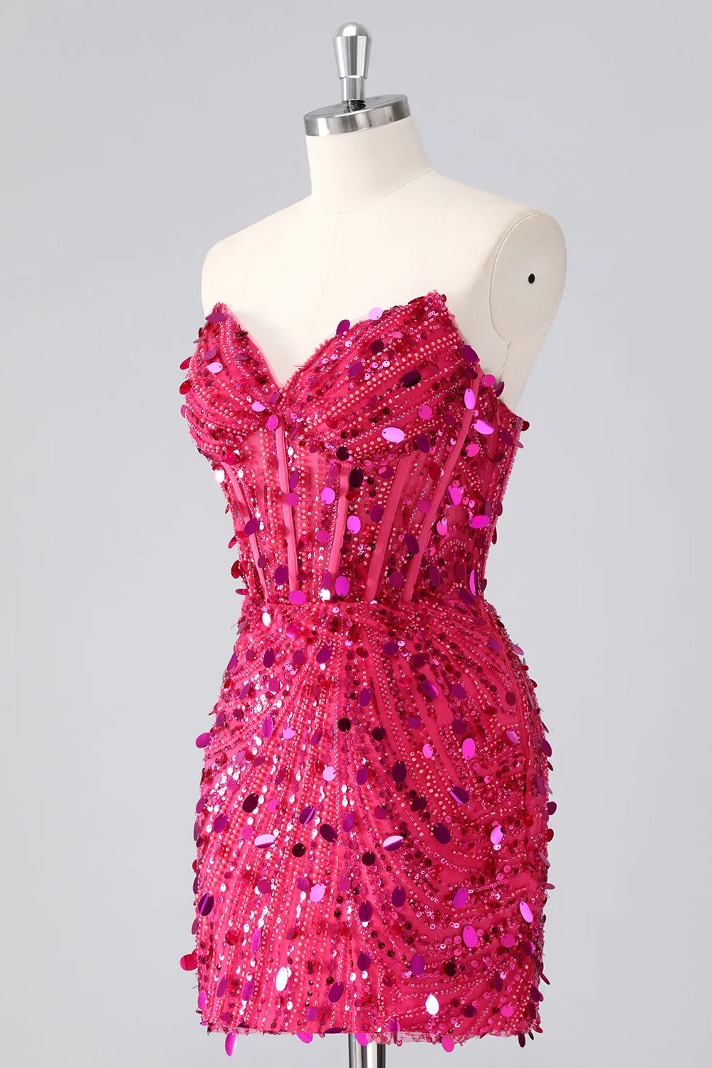 Sparkly Fuchsia Strapless Tight Short Sequins Corset Homecoming Dress with Beading sold by Zapaka product image thumbnail 3