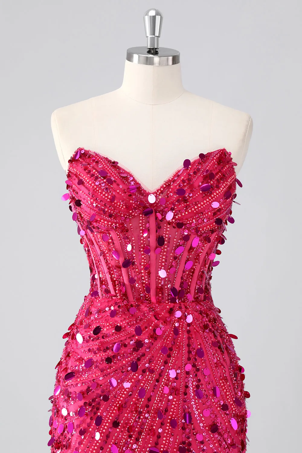 Sparkly Fuchsia Strapless Tight Short Sequins Corset Homecoming Dress with Beading sold by Zapaka product image thumbnail 4