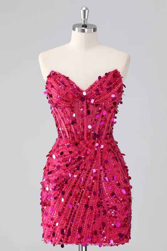 Sparkly Fuchsia Strapless Tight Short Sequins Corset Homecoming Dress with Beading sold by Zapaka