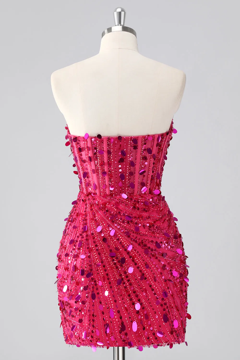 Sparkly Fuchsia Strapless Tight Short Sequins Corset Homecoming Dress with Beading sold by Zapaka product image thumbnail 2