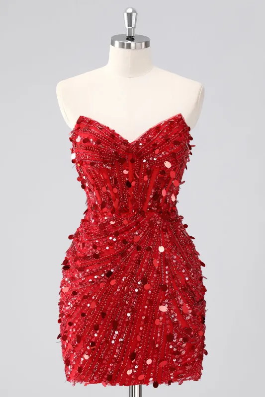 Red Sparkly Strapless Tight Short Beaded Corset Homecoming Dress with Sequins sold by Zapaka