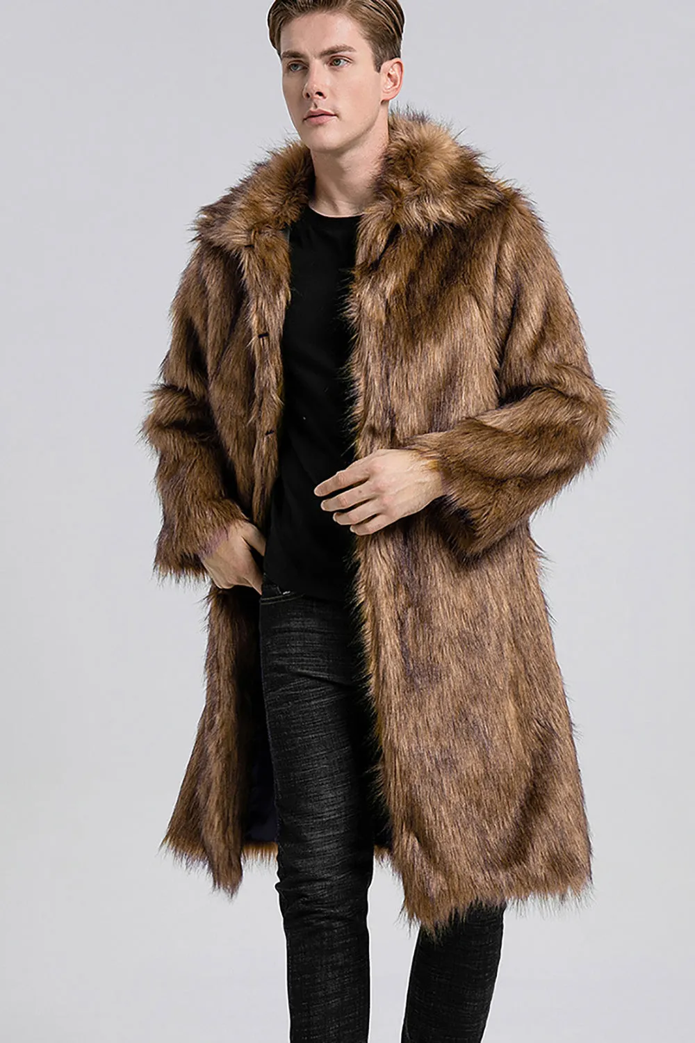 Brown Polo Collar Front Open Maxi Faux Fur Coat sold by Zapaka product image thumbnail 5