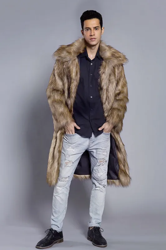Brown Polo Collar Front Open Maxi Faux Fur Coat sold by Zapaka
