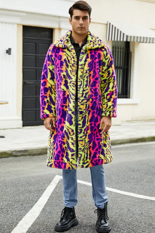 Colorful Leopard Long Faux Fur Winter Men's Coat sold by Zapaka