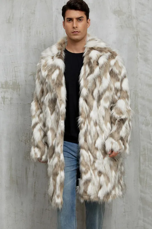 Grey Faux Fur Notched Lapel Long Winter Men's Coat sold by Zapaka