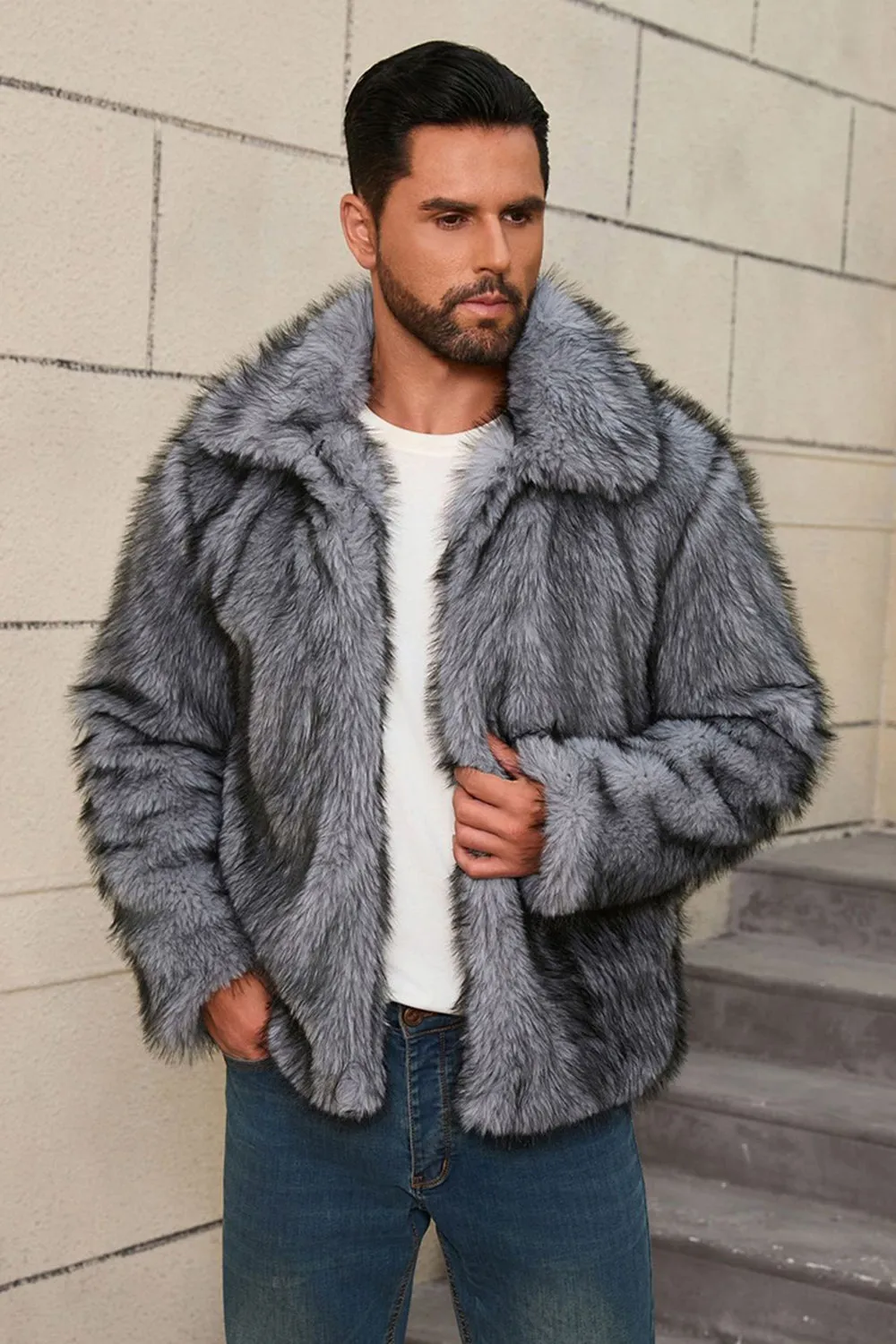 Grey Faux Fur Short Winter Men's Coat sold by Zapaka