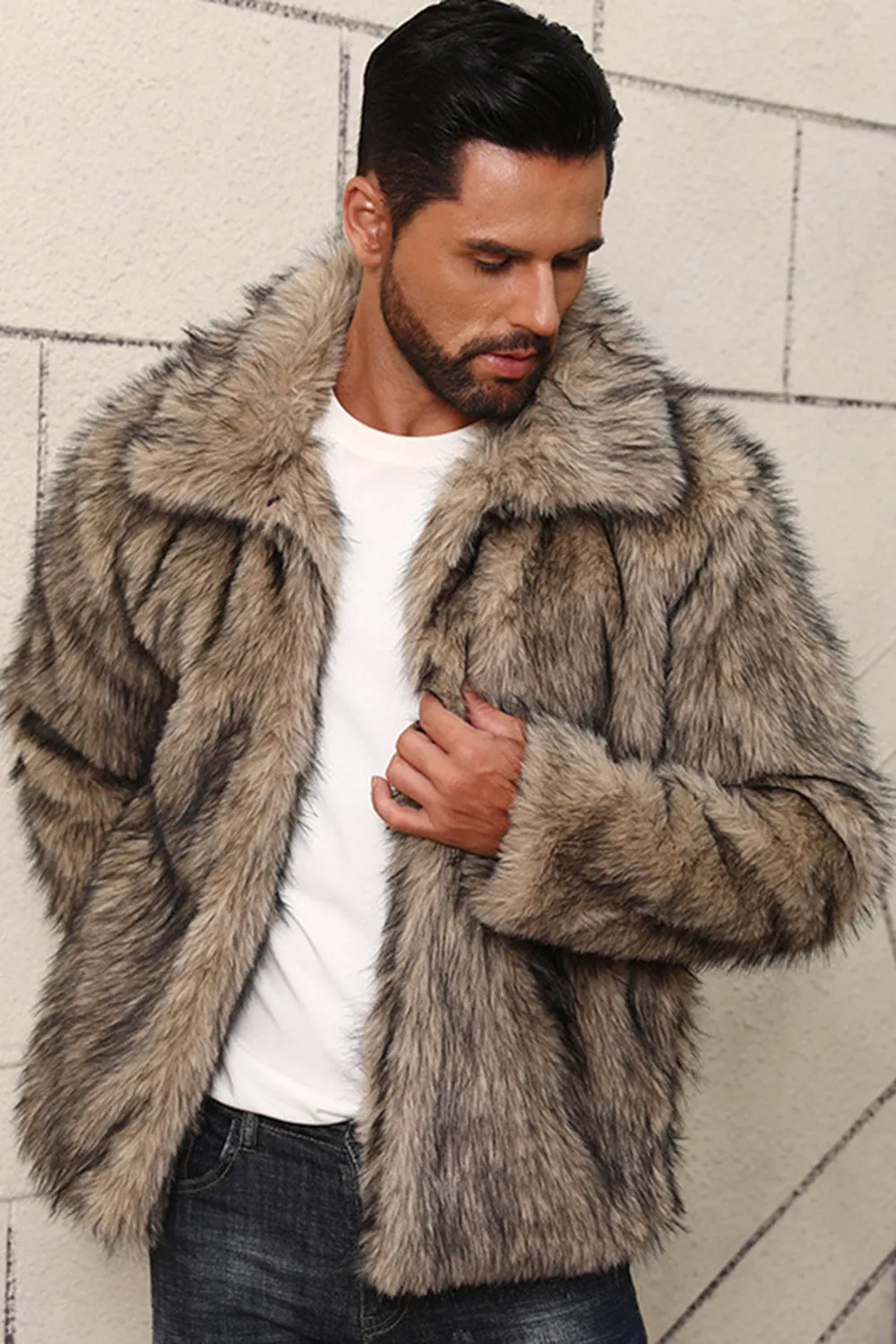Grey Faux Fur Short Winter Men's Coat sold by Zapaka product image thumbnail 5