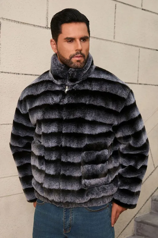 Dark Grey Straps Faux Fur Short Winter Men's Coat sold by Zapaka