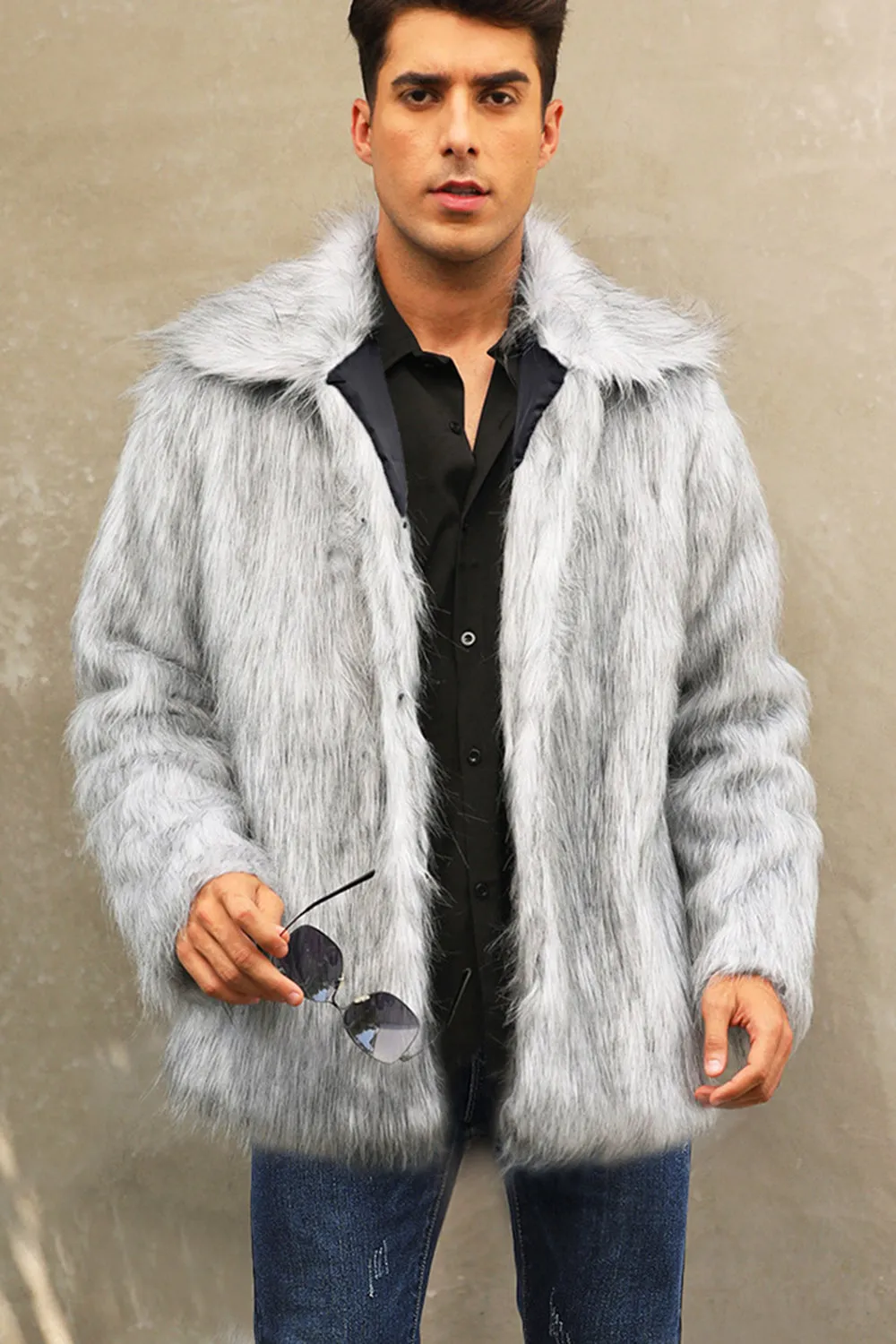 Black Fluffy Faux Fur Winter Men's Coat sold by Zapaka product image thumbnail 3