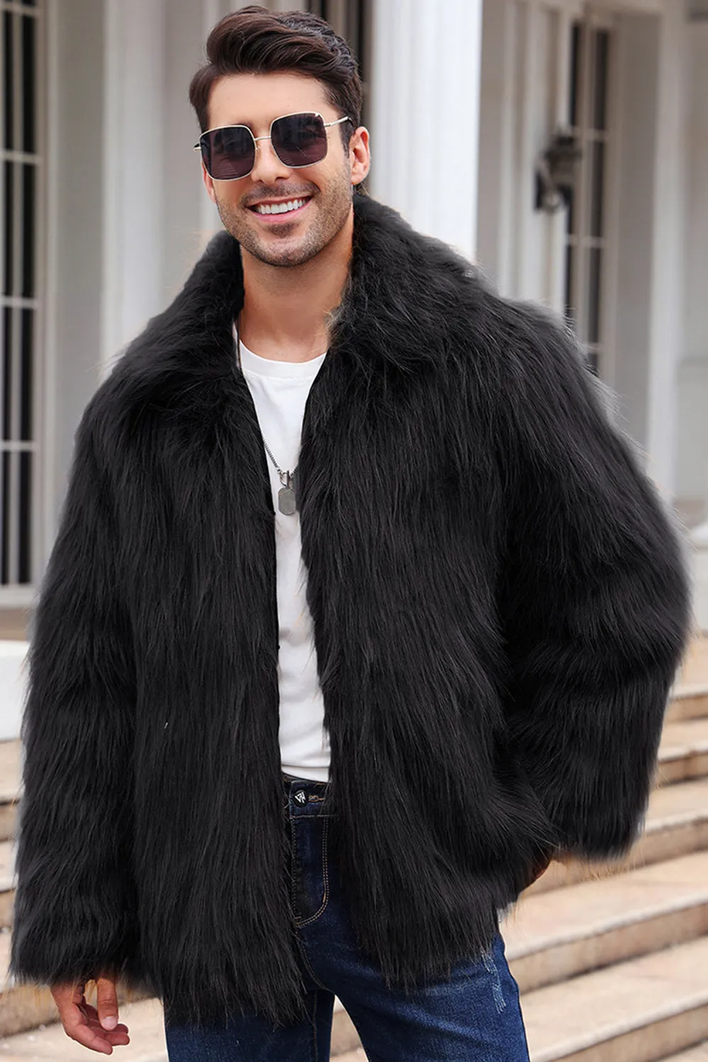 Black Fluffy Faux Fur Winter Men's Coat sold by Zapaka