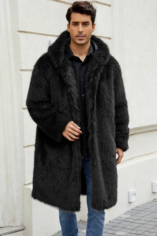 Black Faux Fur Long Warm Winter Men's Coat with Hood sold by Zapaka